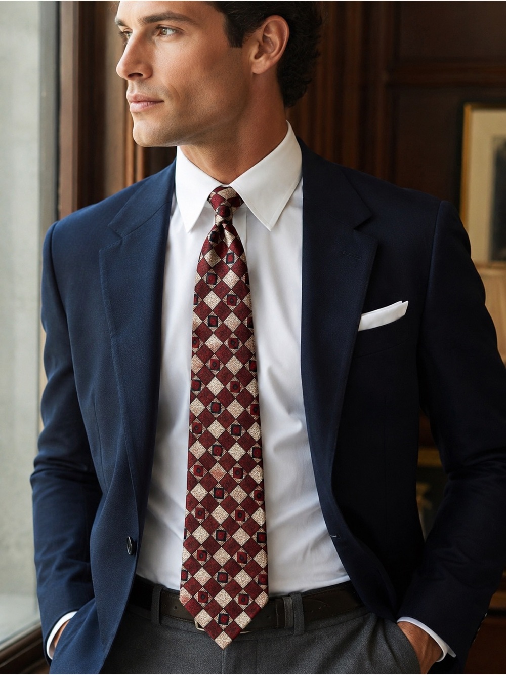 Oscar de la Renta Burgundy Geometric Silk Tie Red Cream Diamond Pattern